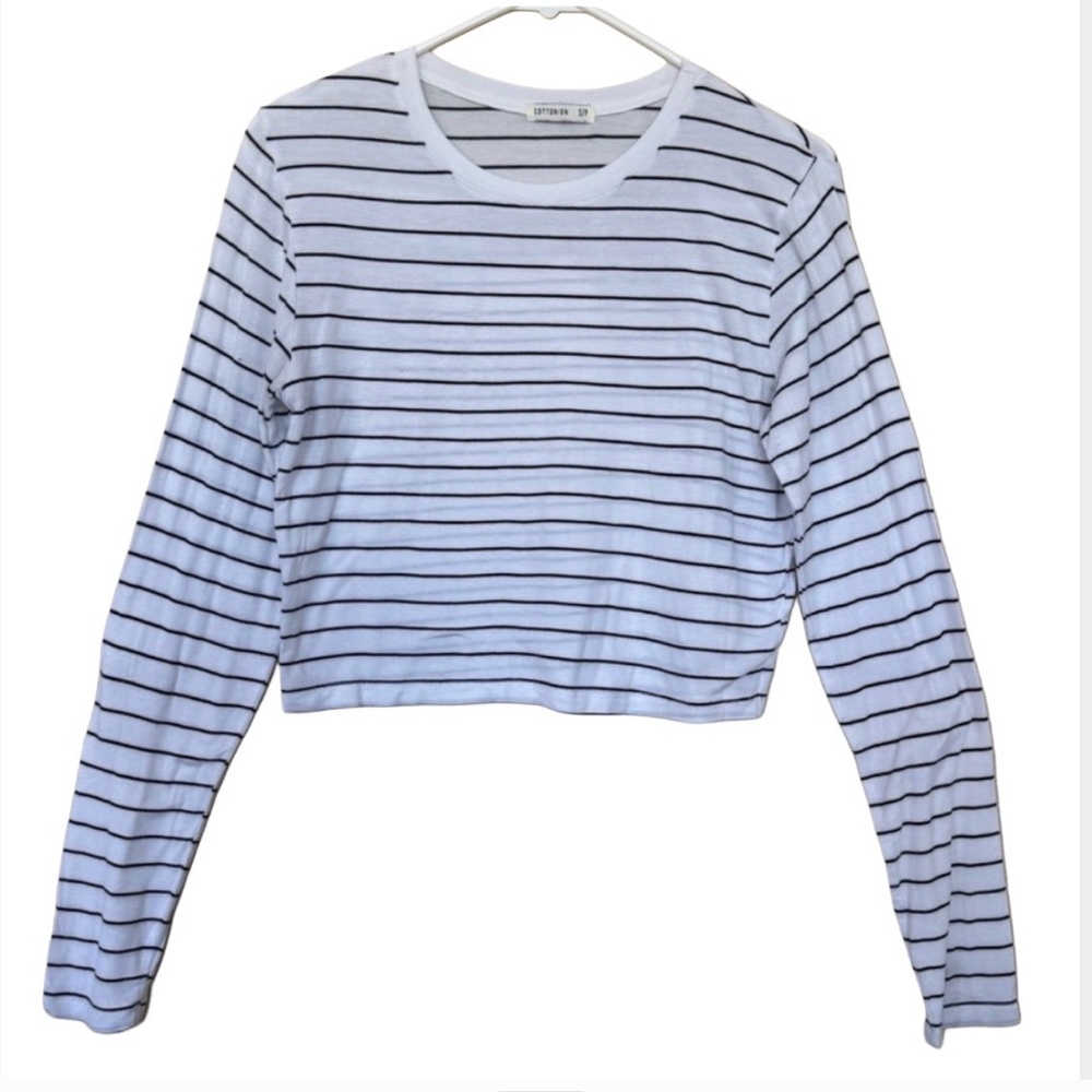 Cotton On White Long-Sleeve Cropped Tee with Black Stripes